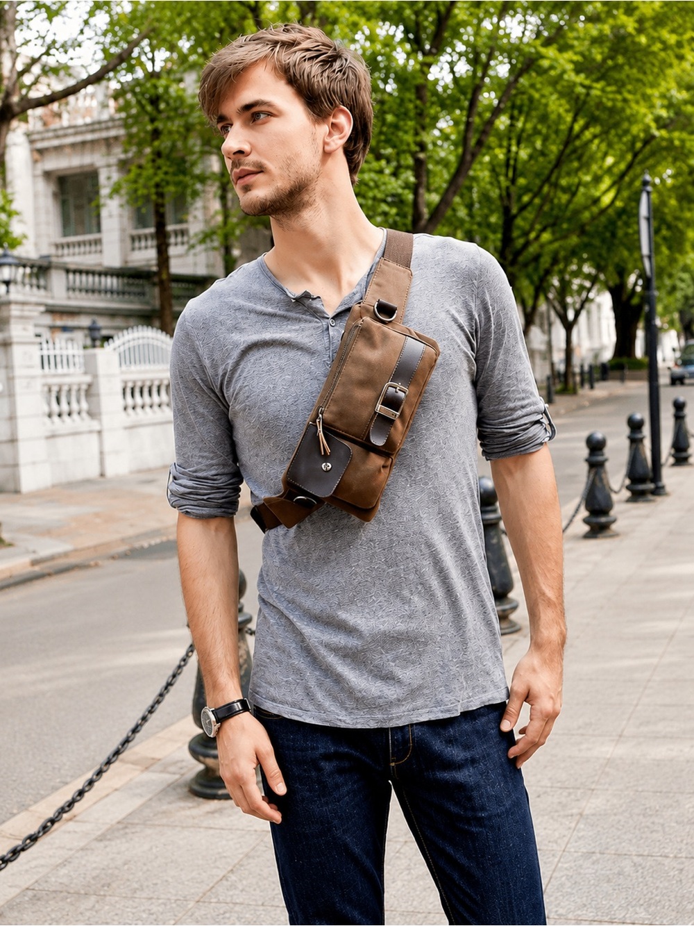 Baosha Men's Canvas Belt Bag with Leather Accents in Brown